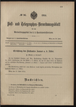 Post- und Telegraphen-Verordnungsblatt für das Verwaltungsgebiet des K.-K. Handelsministeriums 19140625 Seite: 1