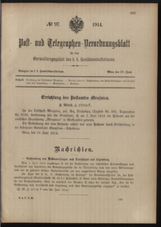 Post- und Telegraphen-Verordnungsblatt für das Verwaltungsgebiet des K.-K. Handelsministeriums 19140627 Seite: 1