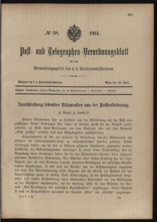 Post- und Telegraphen-Verordnungsblatt für das Verwaltungsgebiet des K.-K. Handelsministeriums 19140630 Seite: 1