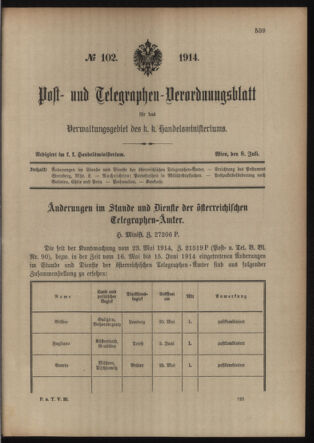 Post- und Telegraphen-Verordnungsblatt für das Verwaltungsgebiet des K.-K. Handelsministeriums 19140708 Seite: 1