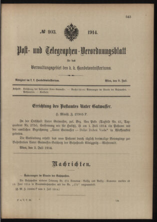 Post- und Telegraphen-Verordnungsblatt für das Verwaltungsgebiet des K.-K. Handelsministeriums 19140709 Seite: 1