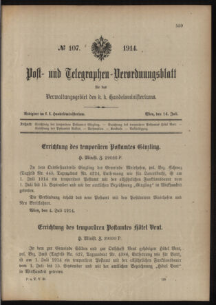 Post- und Telegraphen-Verordnungsblatt für das Verwaltungsgebiet des K.-K. Handelsministeriums 19140714 Seite: 1