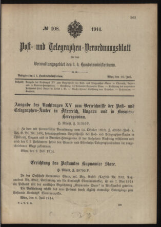 Post- und Telegraphen-Verordnungsblatt für das Verwaltungsgebiet des K.-K. Handelsministeriums 19140716 Seite: 1