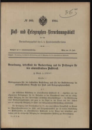 Post- und Telegraphen-Verordnungsblatt für das Verwaltungsgebiet des K.-K. Handelsministeriums 19140718 Seite: 1