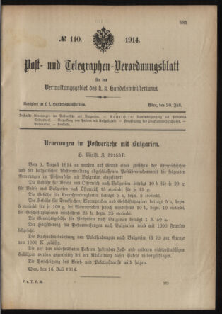 Post- und Telegraphen-Verordnungsblatt für das Verwaltungsgebiet des K.-K. Handelsministeriums 19140720 Seite: 1