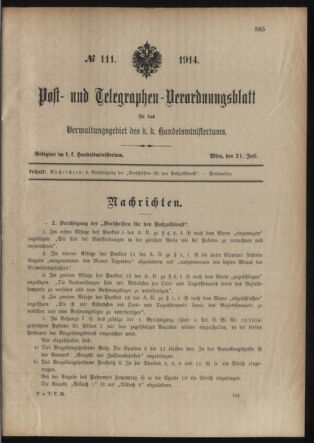 Post- und Telegraphen-Verordnungsblatt für das Verwaltungsgebiet des K.-K. Handelsministeriums 19140721 Seite: 1