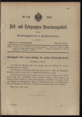 Post- und Telegraphen-Verordnungsblatt für das Verwaltungsgebiet des K.-K. Handelsministeriums 19140722 Seite: 1