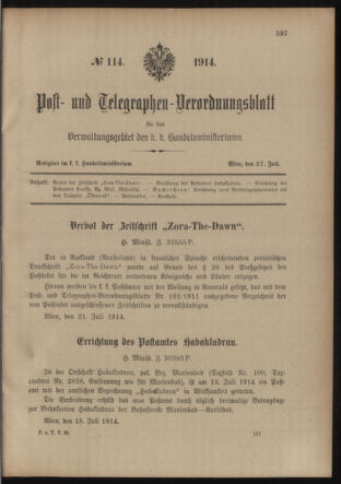 Post- und Telegraphen-Verordnungsblatt für das Verwaltungsgebiet des K.-K. Handelsministeriums 19140727 Seite: 1