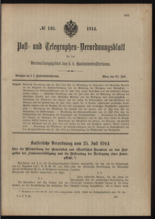 Post- und Telegraphen-Verordnungsblatt für das Verwaltungsgebiet des K.-K. Handelsministeriums 19140731 Seite: 1