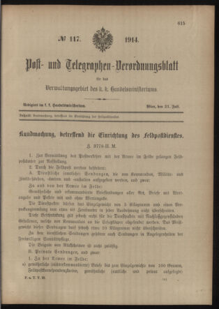 Post- und Telegraphen-Verordnungsblatt für das Verwaltungsgebiet des K.-K. Handelsministeriums 19140731 Seite: 11