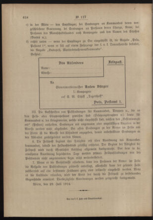 Post- und Telegraphen-Verordnungsblatt für das Verwaltungsgebiet des K.-K. Handelsministeriums 19140731 Seite: 14