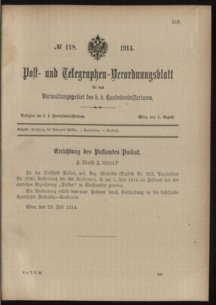 Post- und Telegraphen-Verordnungsblatt für das Verwaltungsgebiet des K.-K. Handelsministeriums 19140801 Seite: 1