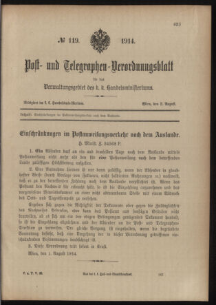 Post- und Telegraphen-Verordnungsblatt für das Verwaltungsgebiet des K.-K. Handelsministeriums 19140802 Seite: 1