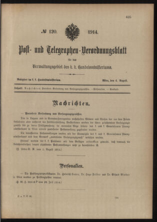 Post- und Telegraphen-Verordnungsblatt für das Verwaltungsgebiet des K.-K. Handelsministeriums 19140804 Seite: 1