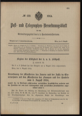 Post- und Telegraphen-Verordnungsblatt für das Verwaltungsgebiet des K.-K. Handelsministeriums 19140808 Seite: 1