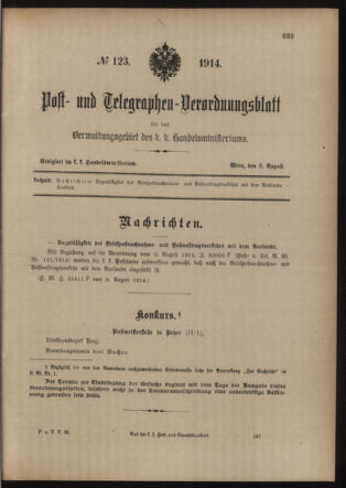 Post- und Telegraphen-Verordnungsblatt für das Verwaltungsgebiet des K.-K. Handelsministeriums 19140809 Seite: 1