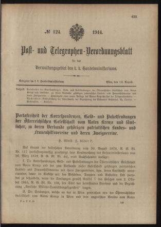 Post- und Telegraphen-Verordnungsblatt für das Verwaltungsgebiet des K.-K. Handelsministeriums 19140814 Seite: 1