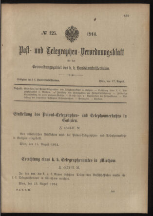 Post- und Telegraphen-Verordnungsblatt für das Verwaltungsgebiet des K.-K. Handelsministeriums 19140817 Seite: 1