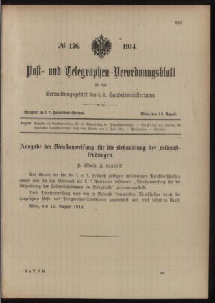 Post- und Telegraphen-Verordnungsblatt für das Verwaltungsgebiet des K.-K. Handelsministeriums 19140819 Seite: 1