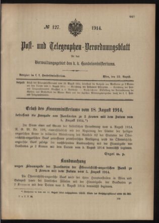 Post- und Telegraphen-Verordnungsblatt für das Verwaltungsgebiet des K.-K. Handelsministeriums 19140822 Seite: 1