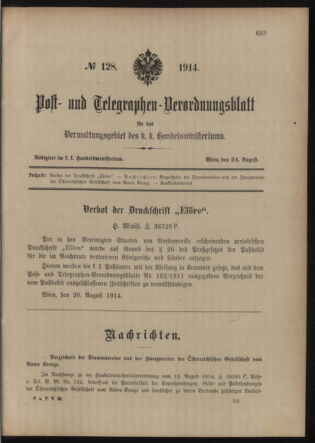 Post- und Telegraphen-Verordnungsblatt für das Verwaltungsgebiet des K.-K. Handelsministeriums 19140824 Seite: 1