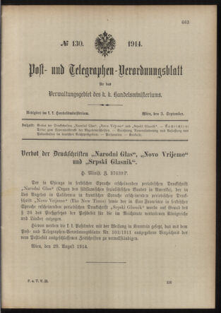 Post- und Telegraphen-Verordnungsblatt für das Verwaltungsgebiet des K.-K. Handelsministeriums 19140903 Seite: 1