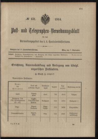 Post- und Telegraphen-Verordnungsblatt für das Verwaltungsgebiet des K.-K. Handelsministeriums 19140907 Seite: 1