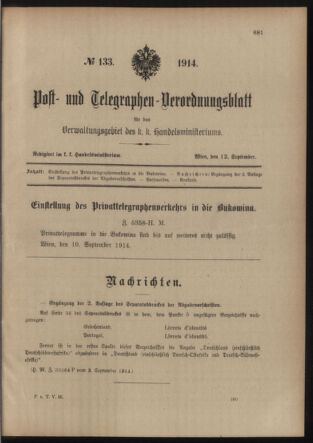 Post- und Telegraphen-Verordnungsblatt für das Verwaltungsgebiet des K.-K. Handelsministeriums 19140912 Seite: 1