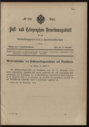 Post- und Telegraphen-Verordnungsblatt für das Verwaltungsgebiet des K.-K. Handelsministeriums 19140912 Seite: 5