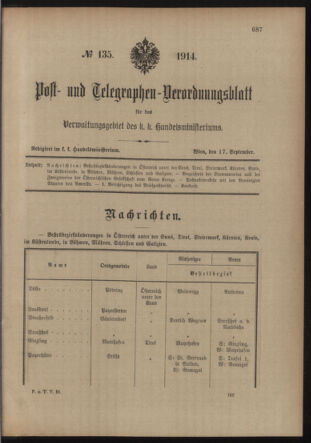 Post- und Telegraphen-Verordnungsblatt für das Verwaltungsgebiet des K.-K. Handelsministeriums 19140917 Seite: 1