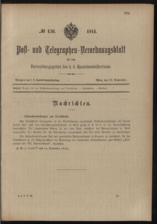 Post- und Telegraphen-Verordnungsblatt für das Verwaltungsgebiet des K.-K. Handelsministeriums 19140918 Seite: 1