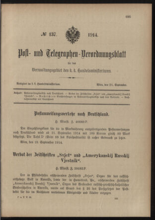 Post- und Telegraphen-Verordnungsblatt für das Verwaltungsgebiet des K.-K. Handelsministeriums 19140921 Seite: 1