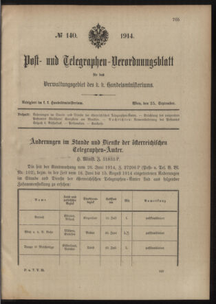 Post- und Telegraphen-Verordnungsblatt für das Verwaltungsgebiet des K.-K. Handelsministeriums 19140925 Seite: 1