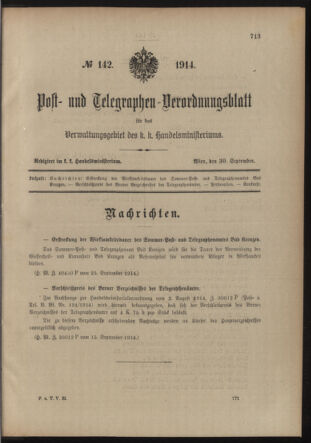 Post- und Telegraphen-Verordnungsblatt für das Verwaltungsgebiet des K.-K. Handelsministeriums 19140930 Seite: 1