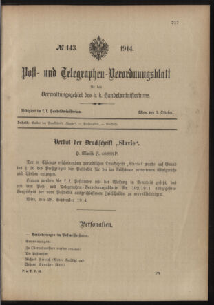 Post- und Telegraphen-Verordnungsblatt für das Verwaltungsgebiet des K.-K. Handelsministeriums 19141003 Seite: 1