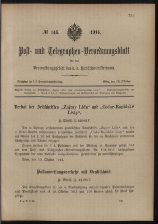 Post- und Telegraphen-Verordnungsblatt für das Verwaltungsgebiet des K.-K. Handelsministeriums 19141013 Seite: 1