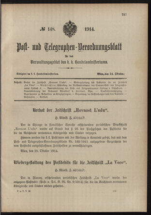 Post- und Telegraphen-Verordnungsblatt für das Verwaltungsgebiet des K.-K. Handelsministeriums 19141024 Seite: 1