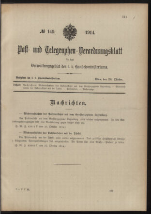 Post- und Telegraphen-Verordnungsblatt für das Verwaltungsgebiet des K.-K. Handelsministeriums 19141028 Seite: 1