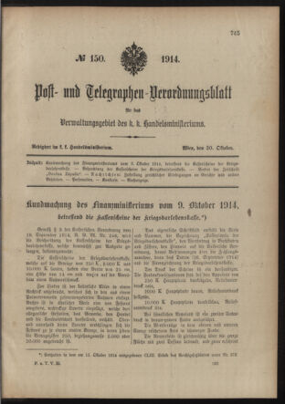 Post- und Telegraphen-Verordnungsblatt für das Verwaltungsgebiet des K.-K. Handelsministeriums 19141030 Seite: 1