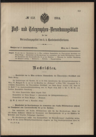 Post- und Telegraphen-Verordnungsblatt für das Verwaltungsgebiet des K.-K. Handelsministeriums 19141104 Seite: 1