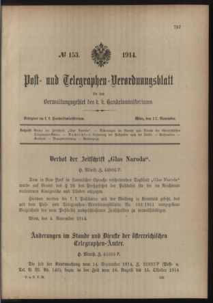 Post- und Telegraphen-Verordnungsblatt für das Verwaltungsgebiet des K.-K. Handelsministeriums 19141111 Seite: 1