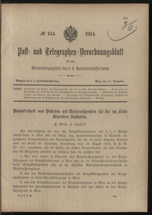 Post- und Telegraphen-Verordnungsblatt für das Verwaltungsgebiet des K.-K. Handelsministeriums 19141117 Seite: 1