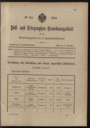 Post- und Telegraphen-Verordnungsblatt für das Verwaltungsgebiet des K.-K. Handelsministeriums 19141121 Seite: 1