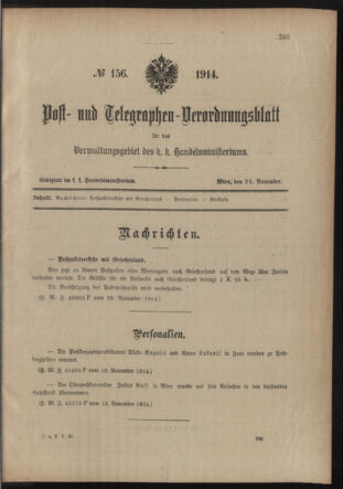 Post- und Telegraphen-Verordnungsblatt für das Verwaltungsgebiet des K.-K. Handelsministeriums 19141124 Seite: 1