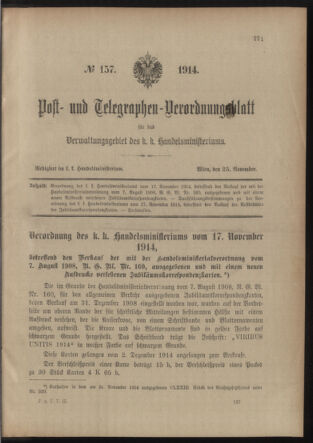 Post- und Telegraphen-Verordnungsblatt für das Verwaltungsgebiet des K.-K. Handelsministeriums 19141125 Seite: 1