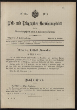 Post- und Telegraphen-Verordnungsblatt für das Verwaltungsgebiet des K.-K. Handelsministeriums 19141202 Seite: 1