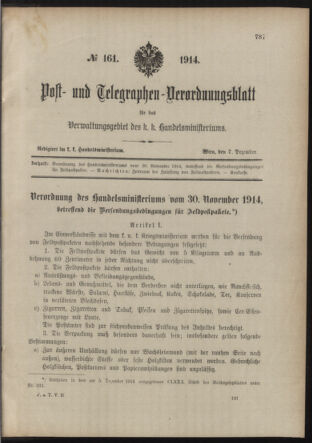 Post- und Telegraphen-Verordnungsblatt für das Verwaltungsgebiet des K.-K. Handelsministeriums 19141207 Seite: 1