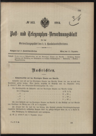 Post- und Telegraphen-Verordnungsblatt für das Verwaltungsgebiet des K.-K. Handelsministeriums 19141211 Seite: 1