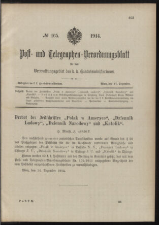 Post- und Telegraphen-Verordnungsblatt für das Verwaltungsgebiet des K.-K. Handelsministeriums 19141217 Seite: 1