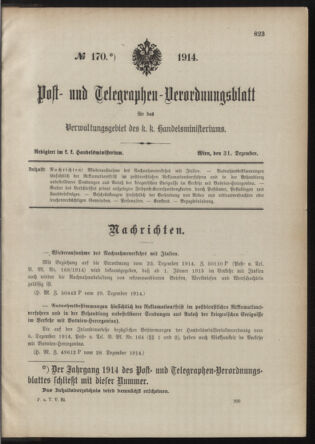 Post- und Telegraphen-Verordnungsblatt für das Verwaltungsgebiet des K.-K. Handelsministeriums 19141231 Seite: 1